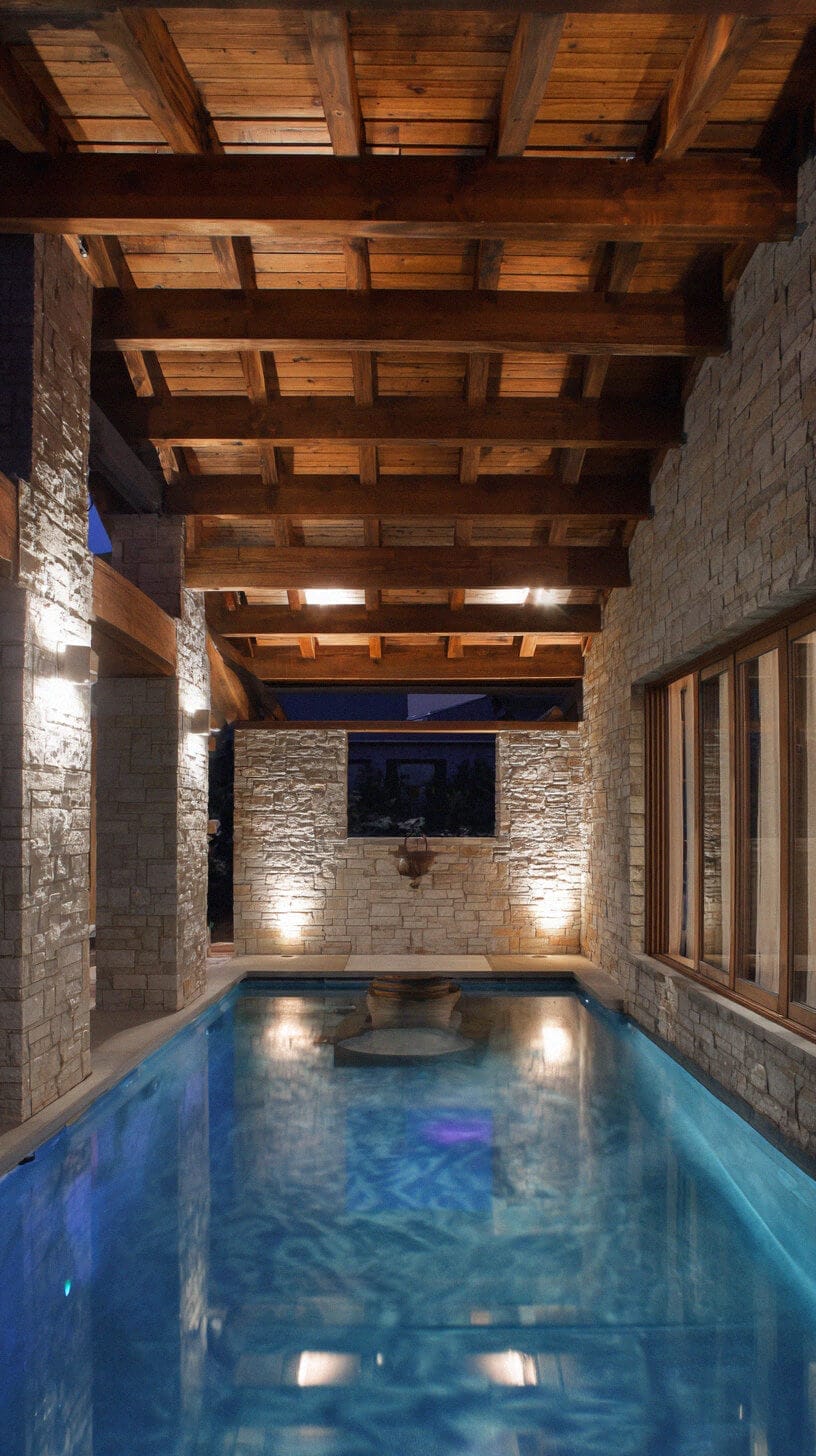 Luxurious indoor swimming pool featuring natural stone and wood, surrounded by a smooth stone deck and textured walls, with ambient lighting.