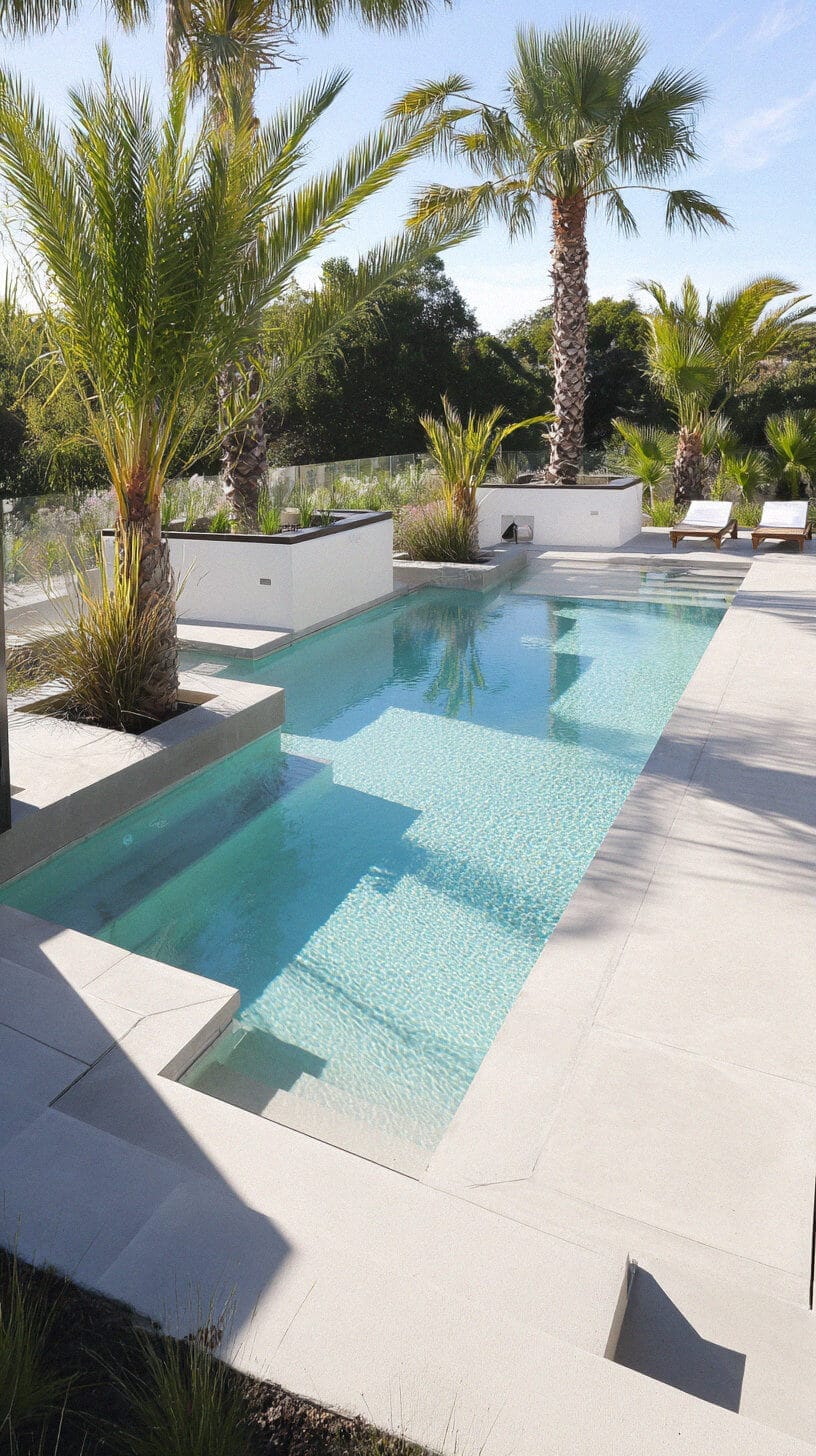 Rectangular swimming pool with shallow entrance, 12m x 4m dimensions, surrounded by large concrete slabs and tropical palm trees, set in a warm climate.