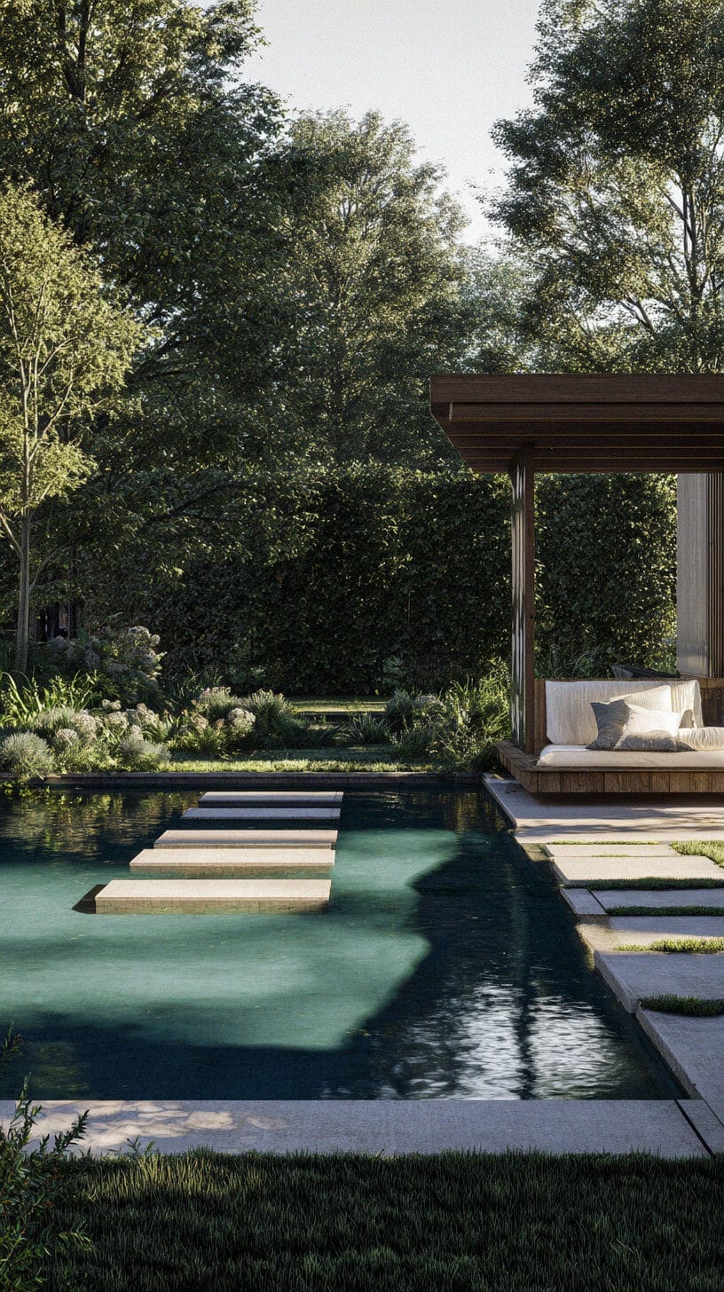 Serene swimming pool landscape with rectangular concrete stepping stones, lush garden, manicured grass, and a contemporary wooden pavilion.