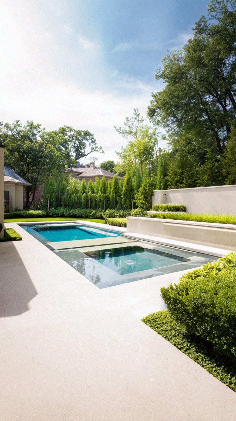Rectangular pool design features a large main pool (25x10 ft) and a smaller relaxation area (10x5 ft), surrounded by lush greenery and textured concrete patio.