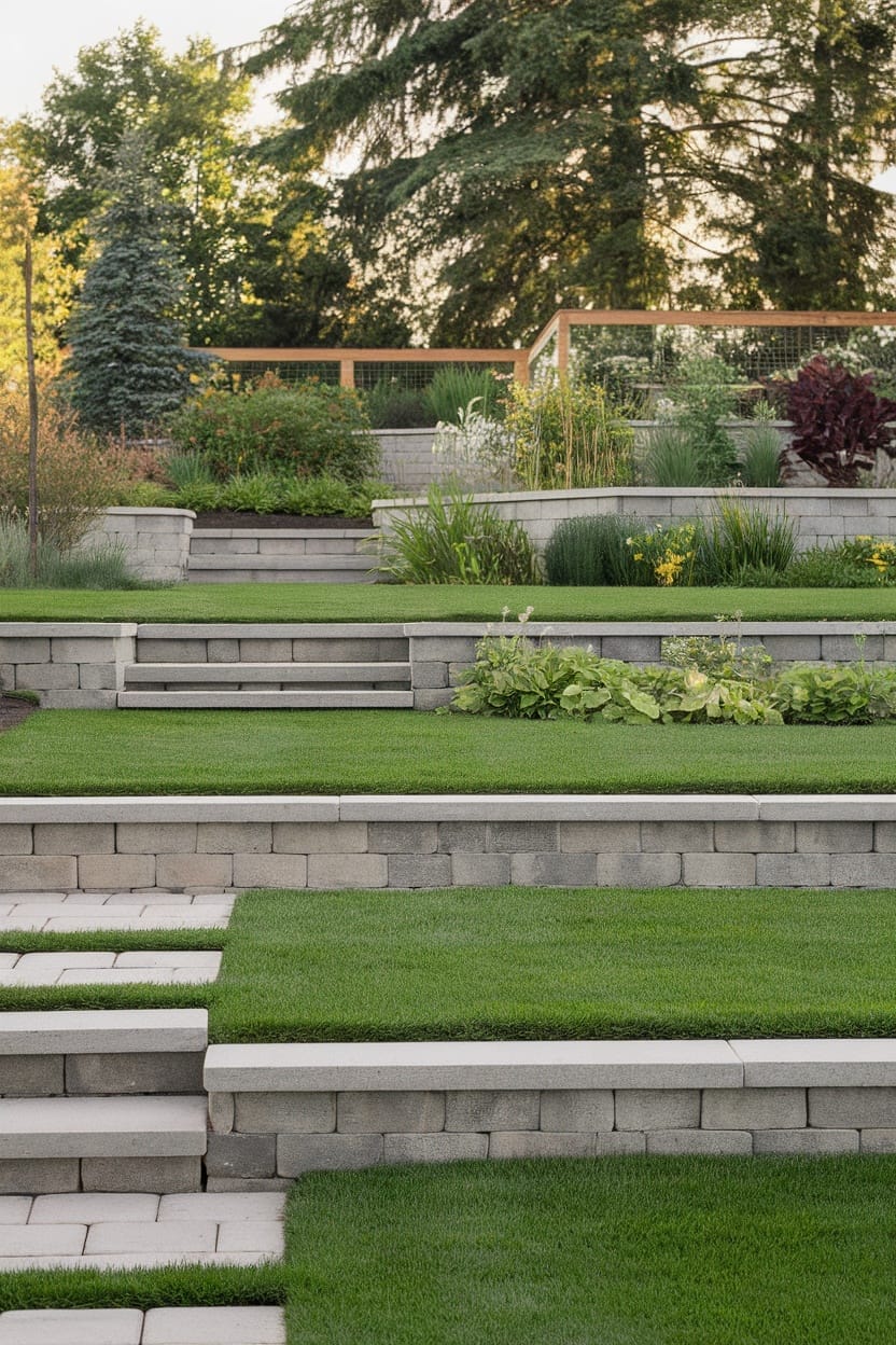 A tiered garden featuring lush grass and stylish paver steps.