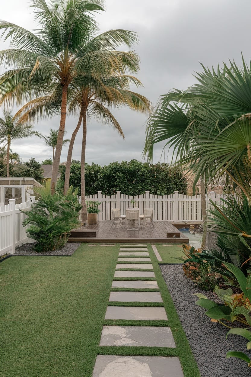 A backyard with lush grass, stone pavers leading to a wooden deck, surrounded by palm trees and greenery